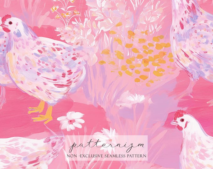 Seamless Farm Chicken Pattern Digital Download – Pink Pastel Hen Meadow Design, Cottagecore Printable Fabric for Kids & Crafts