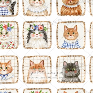 Può includere: Un motivo continuo composto da una griglia di cornici quadrate, ognuna contenente un'illustrazione ad acquerello di un gatto. I gatti hanno manti di vari colori, alcuni indossano corone di fiori, colletti a balze o abiti a quadri blu.