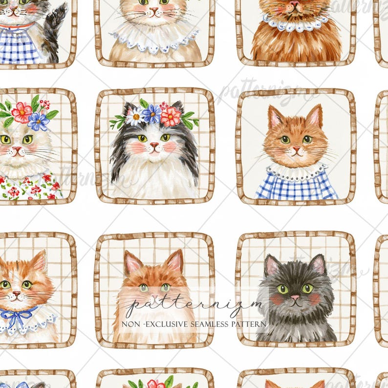 May include: A seamless pattern featuring a grid of square frames, each containing a watercolour illustration of a cat. The cats are depicted with various fur colours, some wearing floral crowns, ruffled collars, or blue and white chequered clothing.