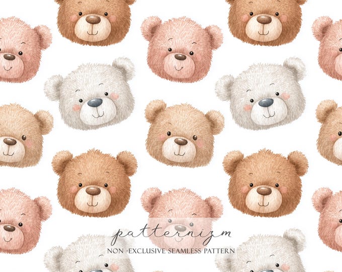 Cute Teddy Bear Faces Seamless Pattern – Pastel Brown, Pink & White Bear Heads for Baby Fabric, Kids Wall Art, Wrapping, Nursery Decor