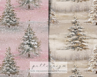2 Winter Snow Pine Tree Seamless Pattern, Painted Christmas Tree Fabric, Neutral and Pink Landscape Design, Digital Download, Trending Now