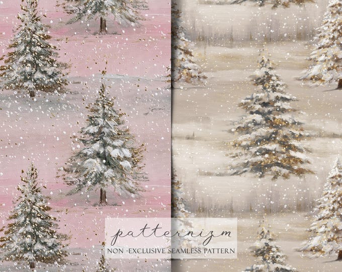 2 Winter Snow Pine Tree Seamless Pattern, Painted Christmas Tree Fabric, Neutral and Pink Landscape Design, Digital Download, Trending Now
