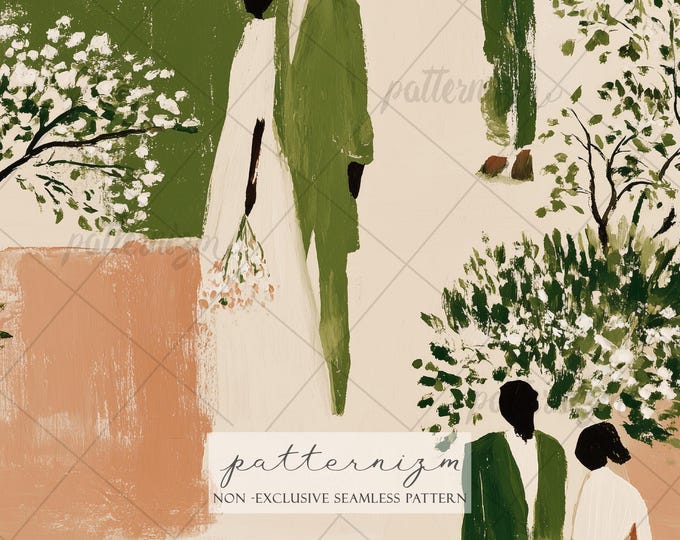 Seamless Wedding Garden Couple Pattern Digital Download – Minimal Romantic Couple Illustration, Modern Art Fabric Design