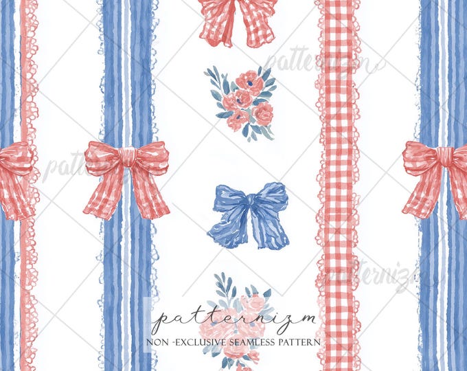 Seamless Coquette Patriotic Pattern Digital Download – Red Blue Bow & Gingham Floral Design, 4th of July Ribbon Stripes, Cottagecore Fabric