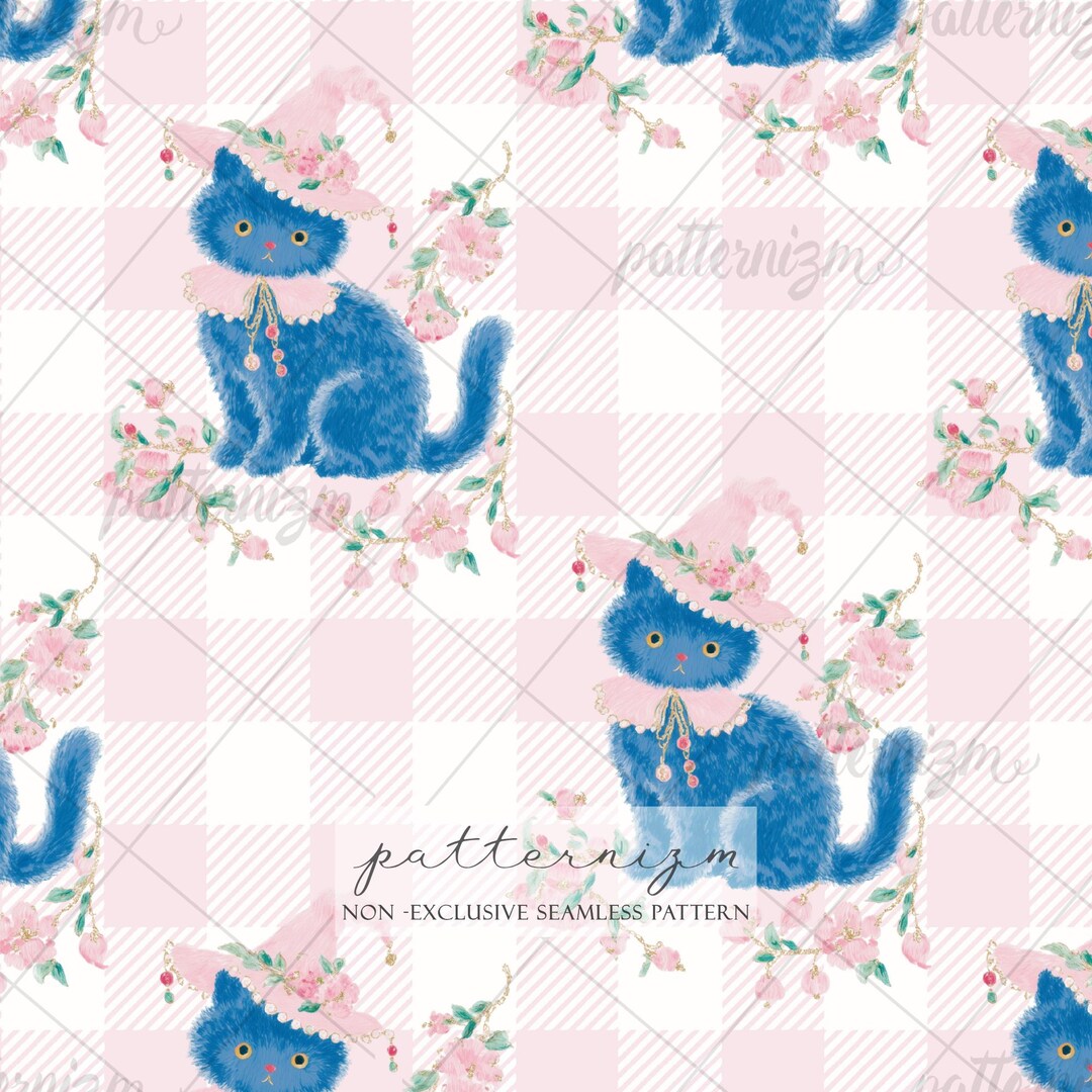 Seamless Cute Cat Pattern Digital Download – Whimsical Blue Kitten With ...