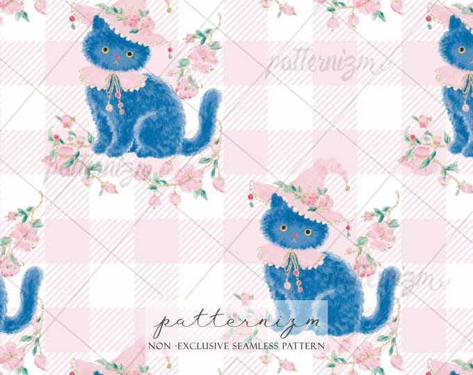Seamless Cute Cat Pattern Digital Download – Whimsical Blue Kitten with Hat, Fairycore Cottage Design, Kids Fabric