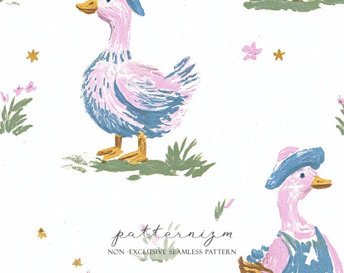 Seamless Pink Goose Pattern Digital Download – Cowgirl Goose with Blue Hat, Western Nursery Design, Cute Farm Animal Repeat