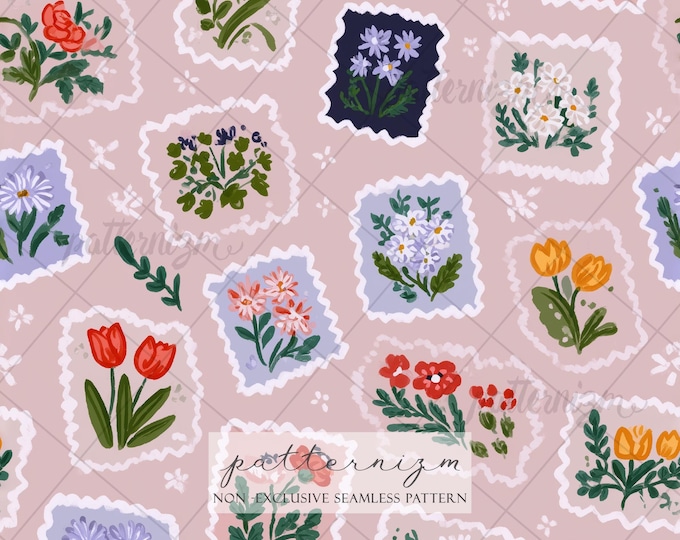 Seamless Floral Stamps Pattern – Stylized Botanical Design, Floral Printable Digital Paper, Seamless Background for Scrapbooking & Fabric