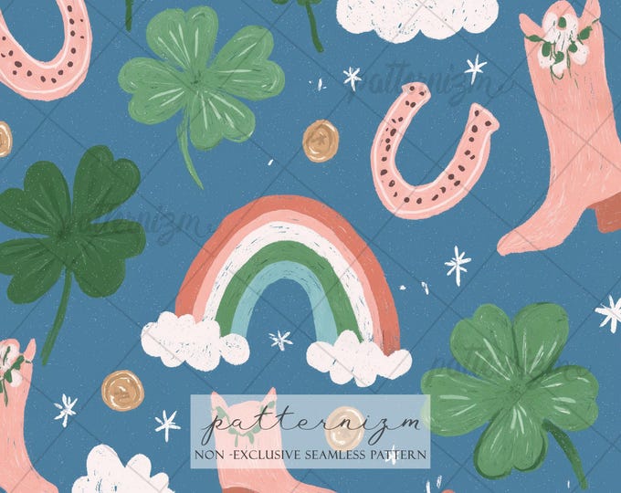 Seamless Lucky Cowgirl Pattern Digital Download – St. Patrick's Day Clover & Pink Boot Design, Whimsical Western Rainbow Fabric for Kids