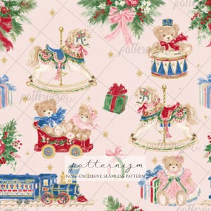May include: A seamless pattern on a light pink background featuring watercolour illustrations of carousel horses, teddy bears, a toy train, wrapped gift boxes, and evergreen boughs with red berries and gold stars throughout the design.