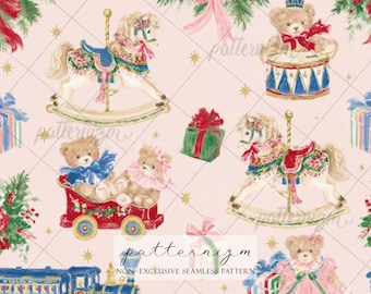 Seamless Pattern, Vintage Christmas Toy Digital Download, Carousel Teddy Bear Repeat Design, Victorian Holiday Wallpaper Print