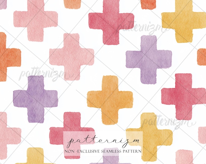 Seamless Watercolor Cross Pattern Digital Download – Soft Pastel Geometric Crosses, Modern Fabric