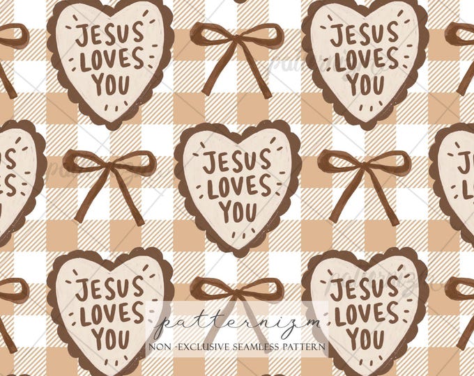 Jesus Loves You Brown and Tan Seamless Pattern Digital Paper – Cute Christian Heart Gingham Repeat Design