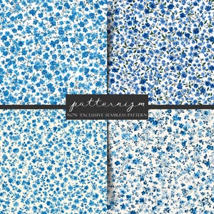 May include: Four seamless patterns featuring a delicate floral design in shades of blue on a white background. The patterns showcase small, detailed flowers and foliage. The text "patternizm" and "NON-EXCLUSIVE SEAMLESS PATTERN" are displayed.