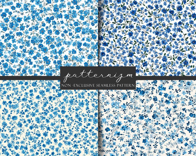 12 Blue Ditsy Floral Seamless Patterns Digital Download – Tiny Blue Flower Repeat Design, Cottagecore Aesthetic Fabric Print for Sewing