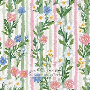 Watercolor Floral Stripe Seamless Pattern – Soft Garden Flower Lines Digital Paper for Scrapbooking & Cottagecore Crafts