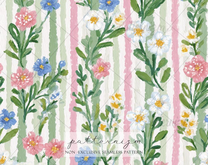 Watercolor Floral Stripe Seamless Pattern – Soft Garden Flower Lines Digital Paper for Scrapbooking & Cottagecore Crafts