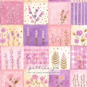 Puede incluir: Un patrón sin costuras de estilo patchwork con ilustraciones florales en acuarela. El patrón incorpora cuadrados rosas, morados y beige, adornados con varias ilustraciones florales y el texto "patternizm".