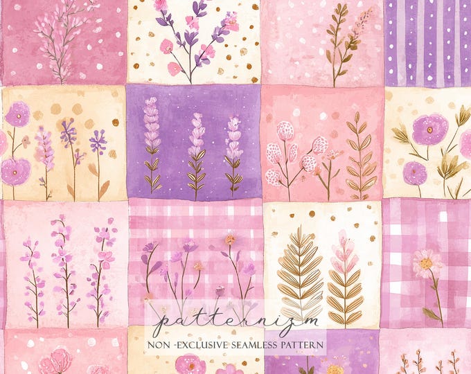 Pink Patchwork Seamless Pattern – Pastel Quilt Floral Blocks, Girly Spring Digital Paper