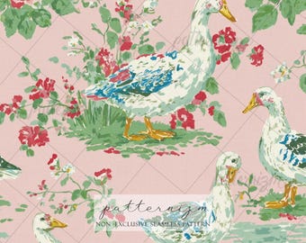 Vintage Duck and Rose Seamless Pattern Digital Download – Cottage Garden Floral Bird Print, Shabby Chic Fabric