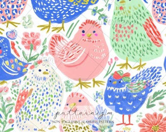 Seamless Cute Chicken Pattern Digital Download – Whimsical Farm Bird Print, Cottagecore Farmyard Design for Fabric & Crafts