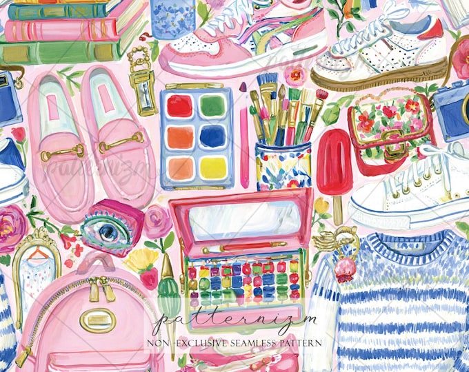 Girly Back to School Seamless Pattern Digital Download – Preppy Watercolor School Accessories Repeat Design