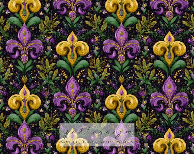 Fleur de Lis Mardi Gras Seamless Pattern - Purple Yellow Green - Background - Scrapbook - Journal - Digital Paper Download - Trending Now