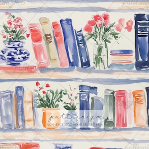 May include: Watercolor illustration of bookshelves filled with books and potted flowers. The books are in various colors, including red, blue, and beige. The flowers are pink and red. The shelves are light brown with blue stripes.
