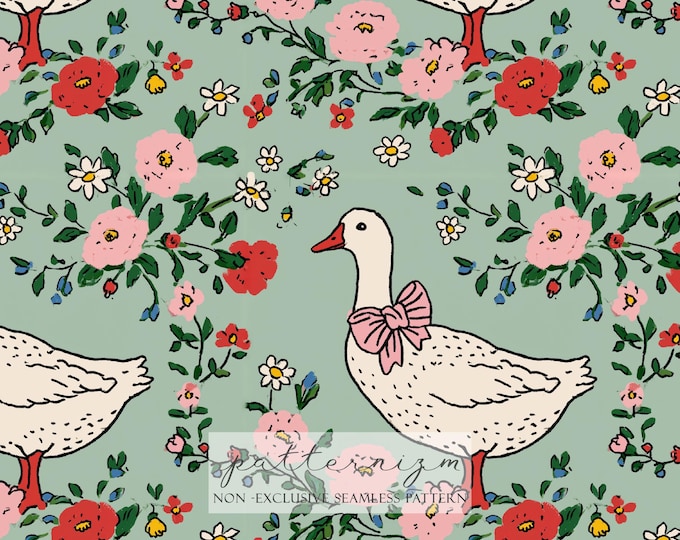 Cute Goose Bow Seamless Pattern – Sweet White Goose with Pink Ribbon, Girly Cottage Digital Paper
