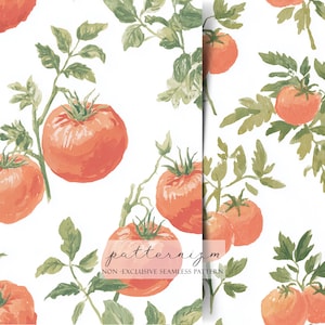 Peut inclure: Illustration à l'aquarelle de tomates rouges mûres sur des vignes avec des feuilles vertes sur fond blanc. Motif sans couture. Le texte "patternizm" et "NON - EXCLUSIVE SEAMLESS PATTERN" est visible.