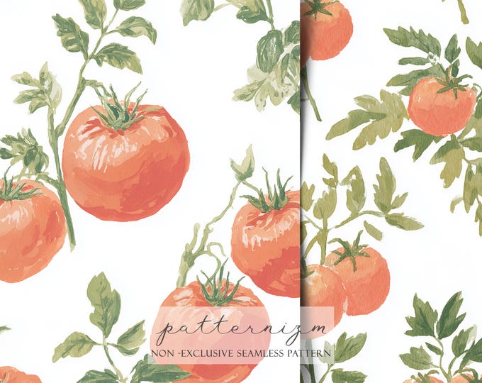 Watercolor Italian Tomato Pattern Digital Paper – Mediterranean Vine Tomatoes, Rustic Kitchen Seamless Design for Fabric & Crafts