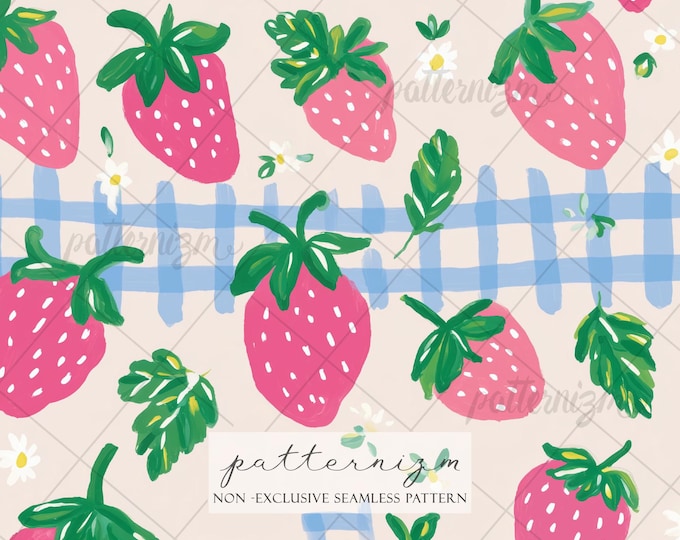 Seamless Strawberry Gingham Pattern Digital Download – Painted Fruit Design, Cute Summer Fabric, Cottagecore Printable