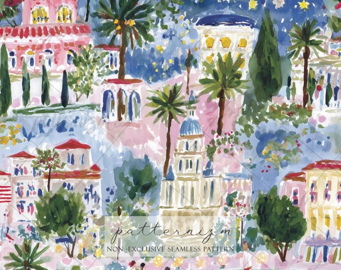 World Cup Soccer Seamless Pattern – Mediterranean City Football Scene, Summer Sports Art Fabric Design