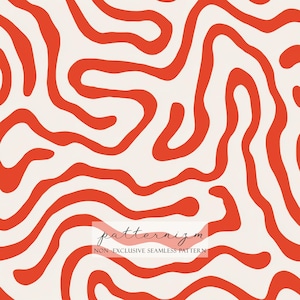 May include: Seamless pattern with a cream background and bold, wavy, orange lines. The pattern has a flowing, organic design. The text "patternizm" and "NON-EXCLUSIVE SEAMLESS PATTERN" are in the lower center.