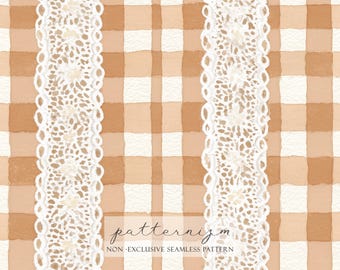 Watercolor Gingham Lace Pattern Digital Paper – Beige Checkered Fabric with Lace Borders, Farmhouse Seamless Design