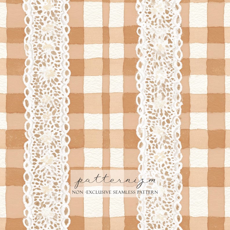 Puede incluir: Patr&oacute;n sin costuras de acuarela con un dise&ntilde;o a cuadros beige y blanco. Dos bordes verticales de encaje blanco con detalles florales est&aacute;n centrados. El texto "patternizm" y "NON-EXCLUSIVE SEAMLESS PATTERN" est&aacute;n en la parte inferior.
