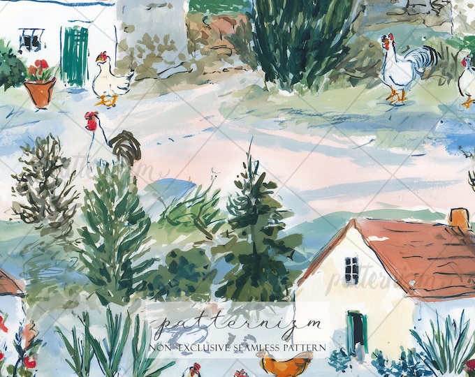 Seamless French Countryside Farm Pattern Digital Download – Rustic Chicken Village Watercolor Repeat Design