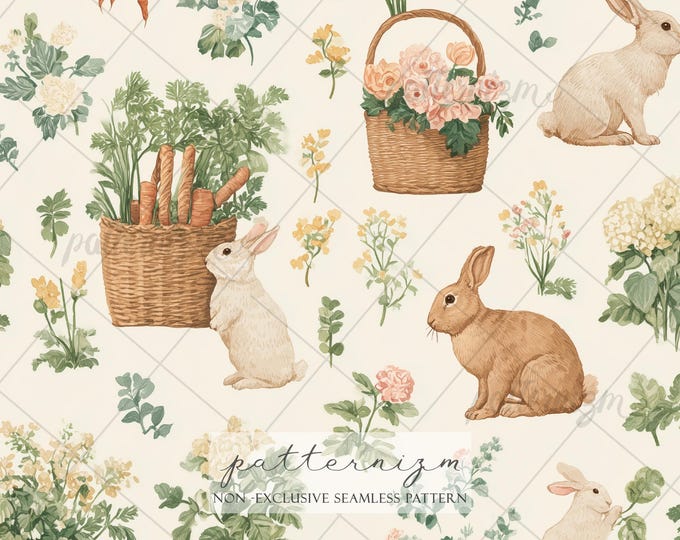 Seamless Easter Bunny Garden Pattern Digital Download – Painted Rabbits, Flowers and Baskets