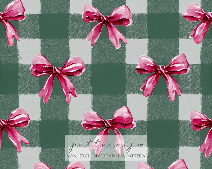 Christmas Pink Bows on Green Plaid Seamless Pattern – Watercolor Texture Pattern, Gingham, Coquette, Digital Download