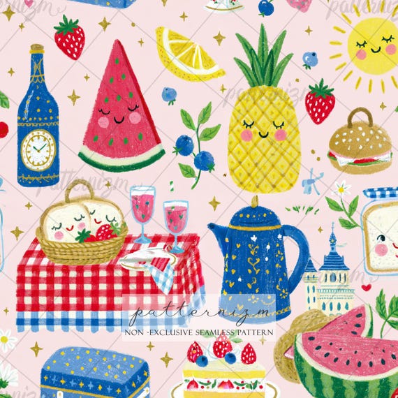 Seamless Summer Picnic Pattern Digital Download – Cute Food & Fruit Design, Strawberry Watermelon Pineapple Print, Whimsical Fabric