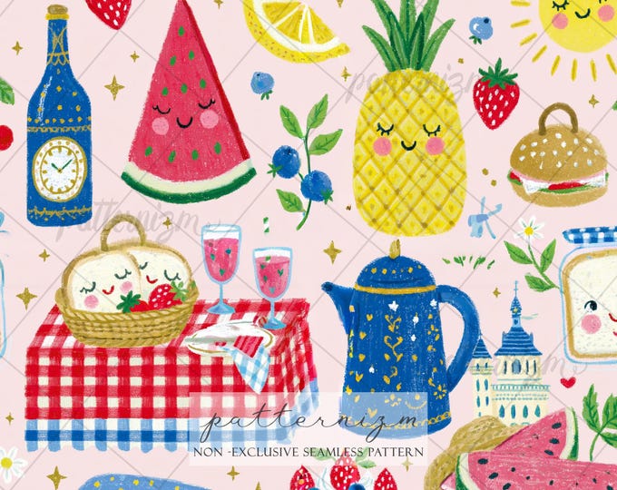 Seamless Summer Picnic Pattern Digital Download – Cute Food & Fruit Design, Strawberry Watermelon Pineapple Print, Whimsical Fabric