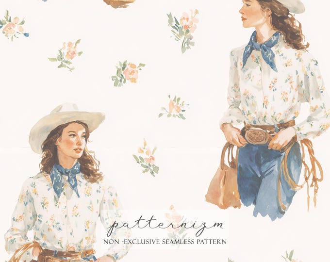 Watercolor Vintage Cowgirl Seamless Pattern Digital Paper – Western Woman Illustration with Soft Florals