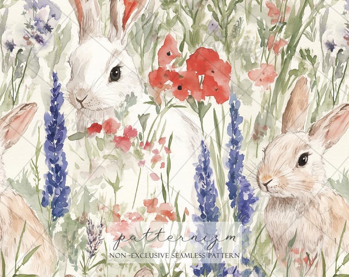 Seamless Spring Bunny Pattern Digital Download – Watercolor Rabbits in Floral Meadow Garden, Easter Fabric Print