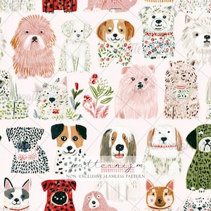 May include: A seamless pattern featuring watercolor illustrations of various dog breeds. The dogs are depicted in a variety of colors and styles, some with floral accents. The background is a light pink color. The text "patternizm" and "NON-EXCLUSIVE SEAMLESS PATTERN" are also visible.