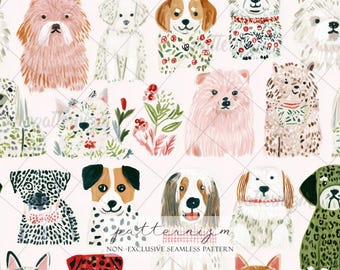 Naadloze digitale download schattig hondenpatroon – Grillige puppy-illustratieprint, dierenliefhebber-stofontwerp voor kinderen en ambachten