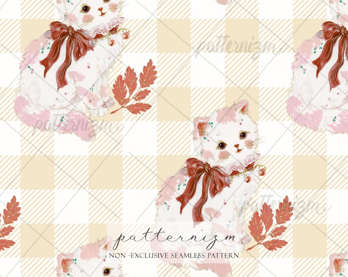 Seamless Cute Kitten Pattern Digital Download – Autumn Bow Cat Design, Cozy Fall Animal Print, Whimsical Fabric for Kids
