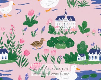 Pink Duck Lake Seamless Pattern – Storybook Farm Ducks and Flowers on Pink, Kids Digital Paper