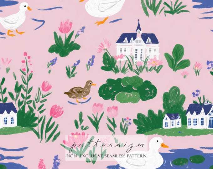 Pink Duck Lake Seamless Pattern – Storybook Farm Ducks and Flowers on Pink, Kids Digital Paper
