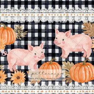 Pink Pig Pumpkin Halloween Seamless Pattern Digital Download – Watercolor Farm Animal Fall Gingham Lace Repeat Design