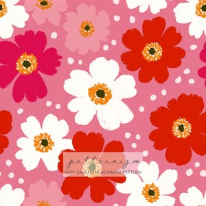 May include: A seamless pattern featuring stylized flowers in shades of red, white, pink, and orange on a pink background. The design includes scattered white dots and the text "patternizm NON-EXCLUSIVE SEAMLESS PATTERN".